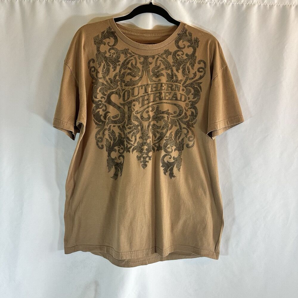 Southern Thread Mens XL Short Sleeve Graphic T Shirt Tan Cotton Summer Comfort